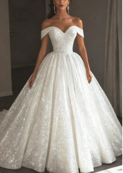 Glamorous Sparkling White Off The Shoulder Full Sequin Ball Gown Wedding Dress With Cathedral Train AE090