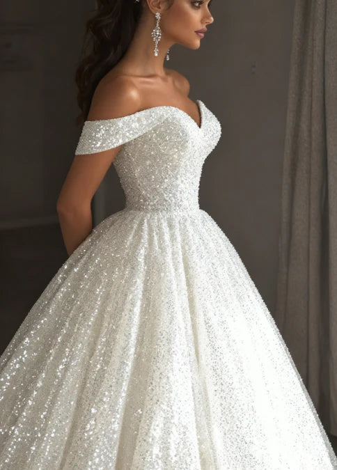 Glamorous Sparkling White Off The Shoulder Full Sequin Ball Gown Wedding Dress With Cathedral Train AE090