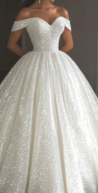 Glamorous Sparkling White Off The Shoulder Full Sequin Ball Gown Wedding Dress With Cathedral Train AE090