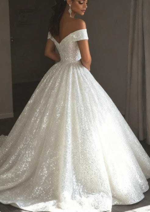 Glamorous Sparkling White Off The Shoulder Full Sequin Ball Gown Wedding Dress With Cathedral Train AE090