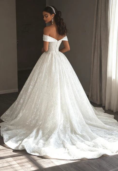 Glamorous Sparkling White Off The Shoulder Full Sequin Ball Gown Wedding Dress With Cathedral Train AE090