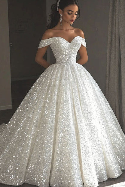 Glamorous Sparkling White Off The Shoulder Full Sequin Ball Gown Wedding Dress With Cathedral Train AE090