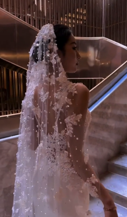 Dreamy White Spaghetti Straps Lace Appliqué Mermaid Wedding Dress With Cathedral Train & Matching Cathedral Veil AE092