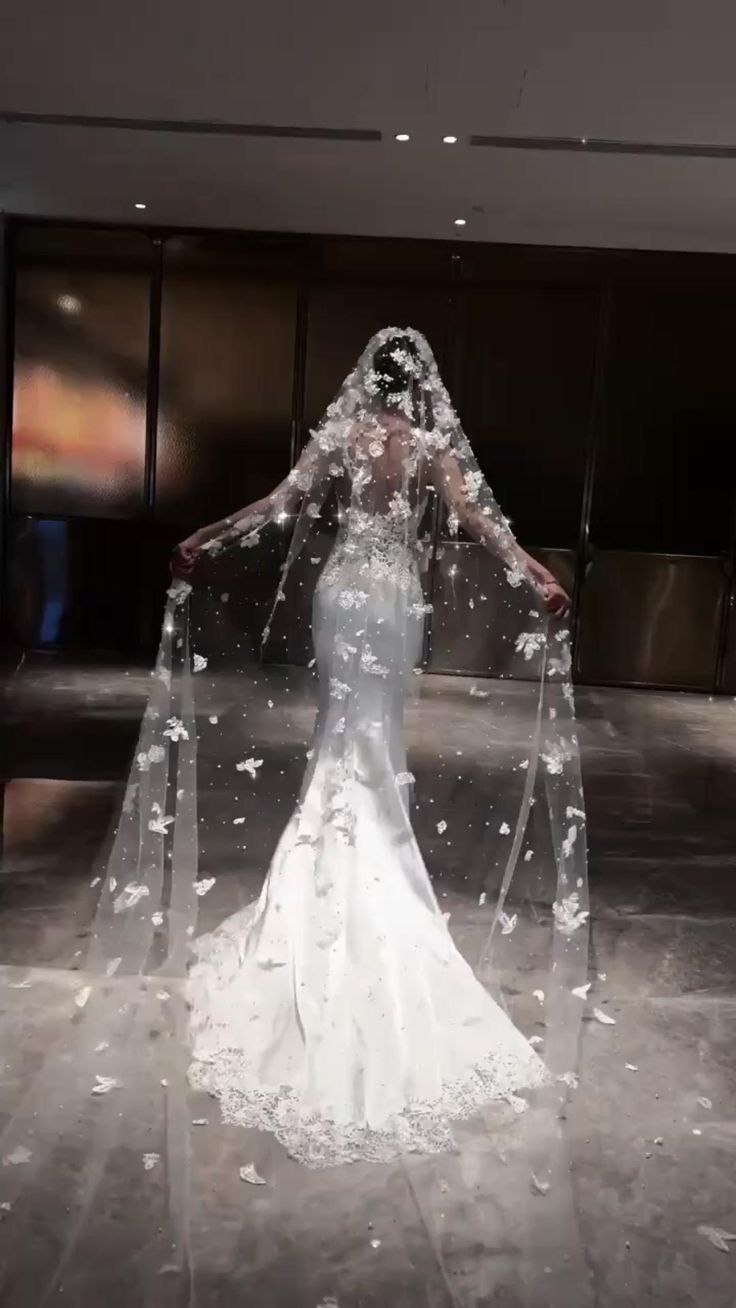 Dreamy White Spaghetti Straps Lace Appliqué Mermaid Wedding Dress With Cathedral Train & Matching Cathedral Veil AE092