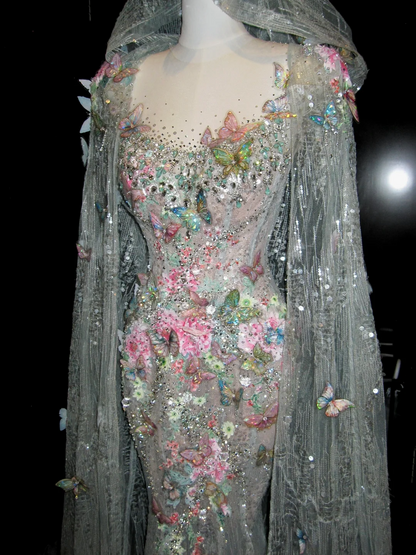 Whimsical Floral & Butterfly Embellished Mermaid Wedding Dress With Cathedral Train & Cathedral Veil AE093