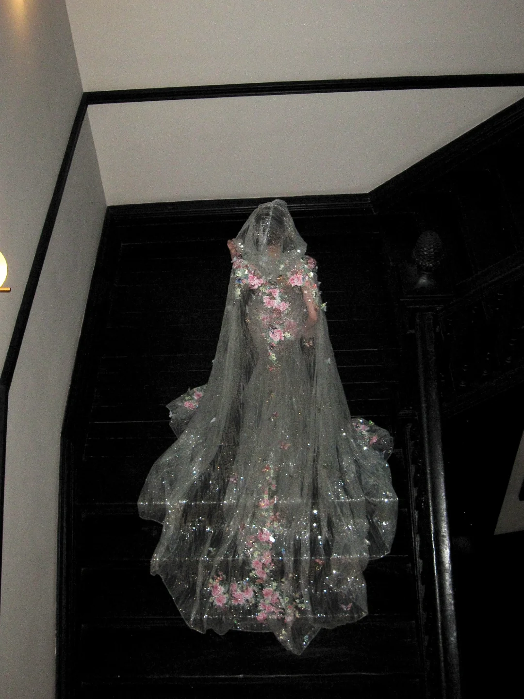 Whimsical Floral & Butterfly Embellished Mermaid Wedding Dress With Cathedral Train & Cathedral Veil AE093