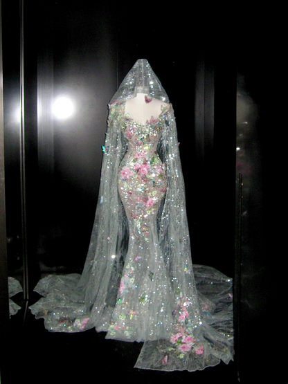 Whimsical Floral & Butterfly Embellished Mermaid Wedding Dress With Cathedral Train & Cathedral Veil AE093