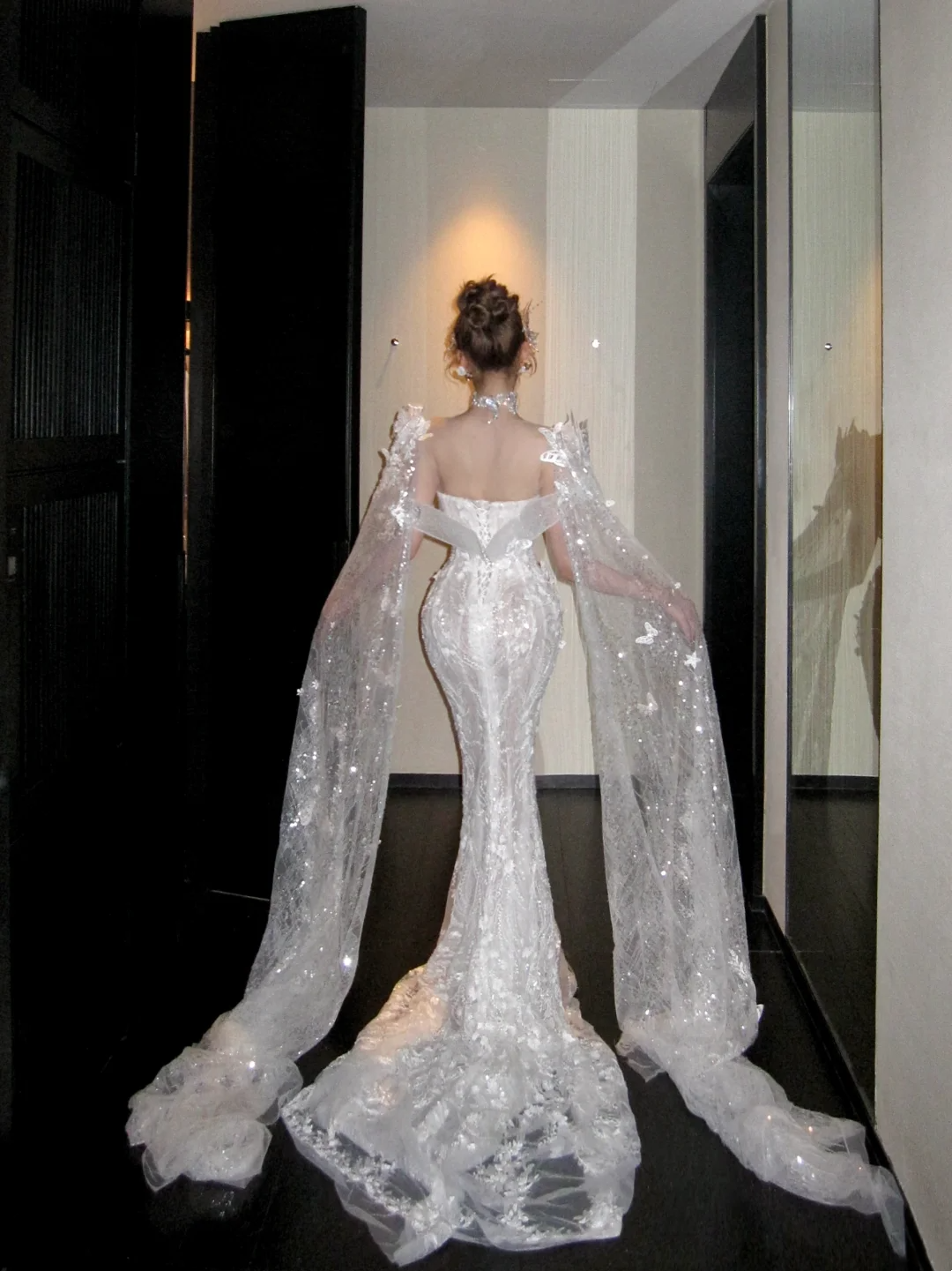 Enchanting White Illusion Off-The-Shoulder Neckline Mermaid Wedding Dress With 3D Butterfly Appliques and Cape Sleeves AE094