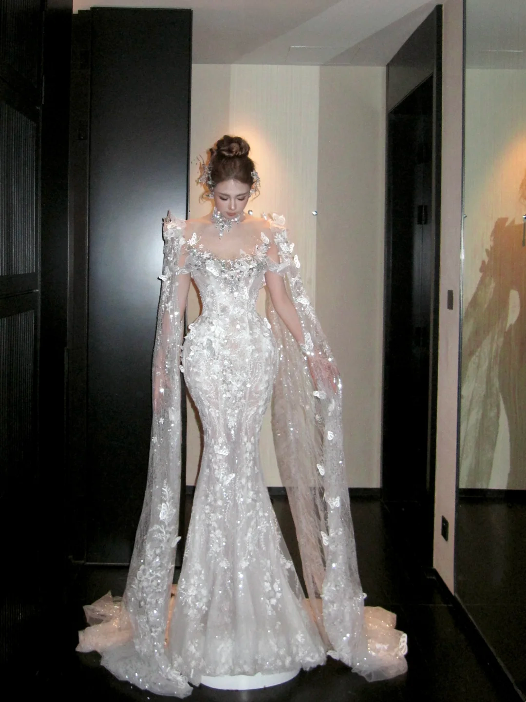 Enchanting White Illusion Off-The-Shoulder Neckline Mermaid Wedding Dress With 3D Butterfly Appliques and Cape Sleeves AE094