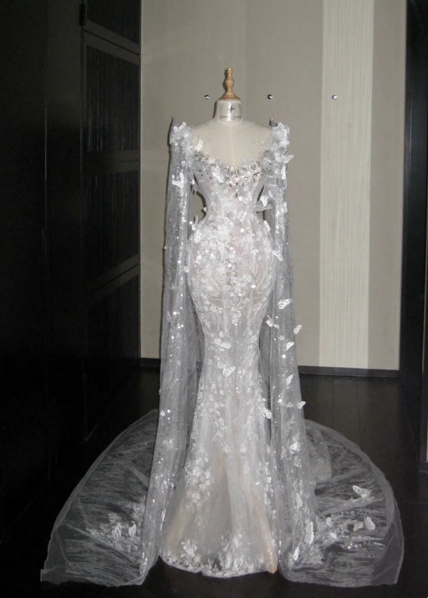 Enchanting White Illusion Off-The-Shoulder Neckline Mermaid Wedding Dress With 3D Butterfly Appliques and Cape Sleeves AE094