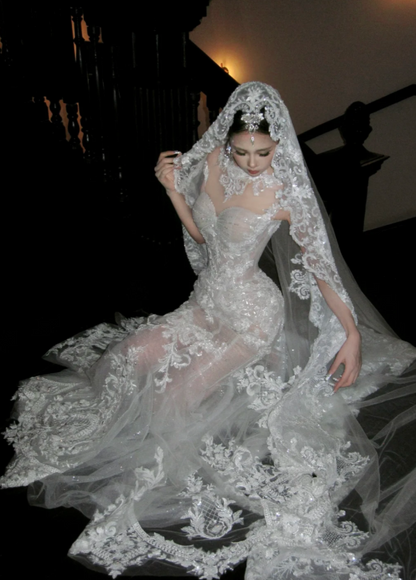 Regal White Illusion High Neck Lace Mermaid Wedding Dress With Chapel Train AE095