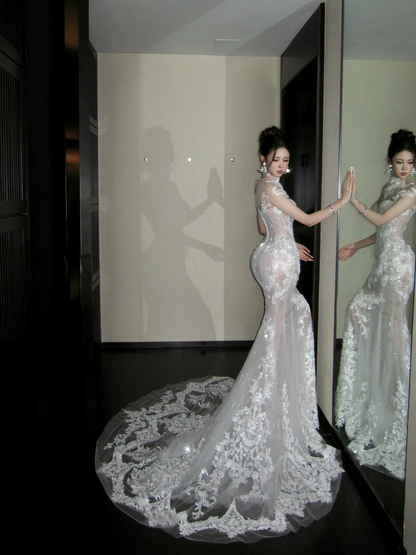 Regal White Illusion High Neck Lace Mermaid Wedding Dress With Chapel Train AE095
