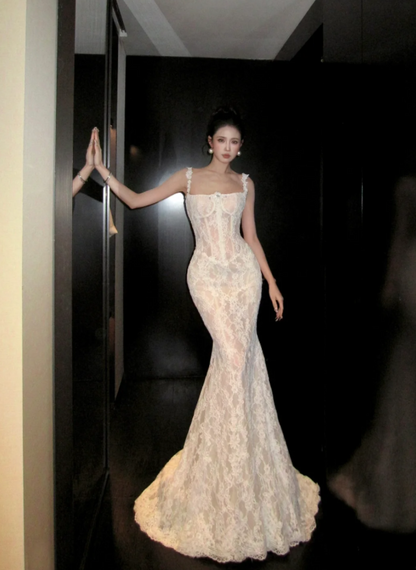 Romantic Lace Straps Mermaid Wedding Dress With Chapel Train And Low Open Back AE096