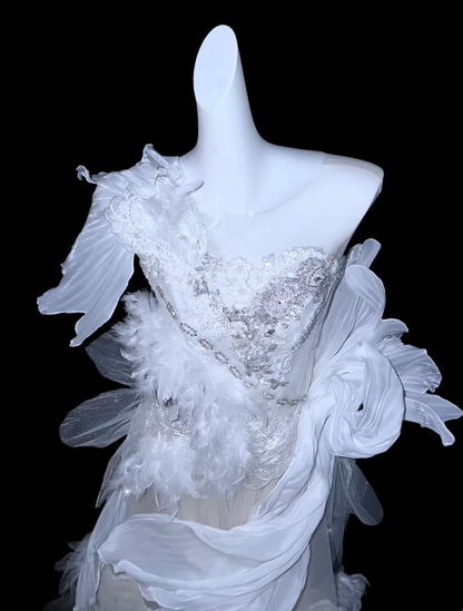 Whimsical White Feather & Beaded Mermaid Tulle Wedding Dress With Asymmetric One-Shoulder AE097