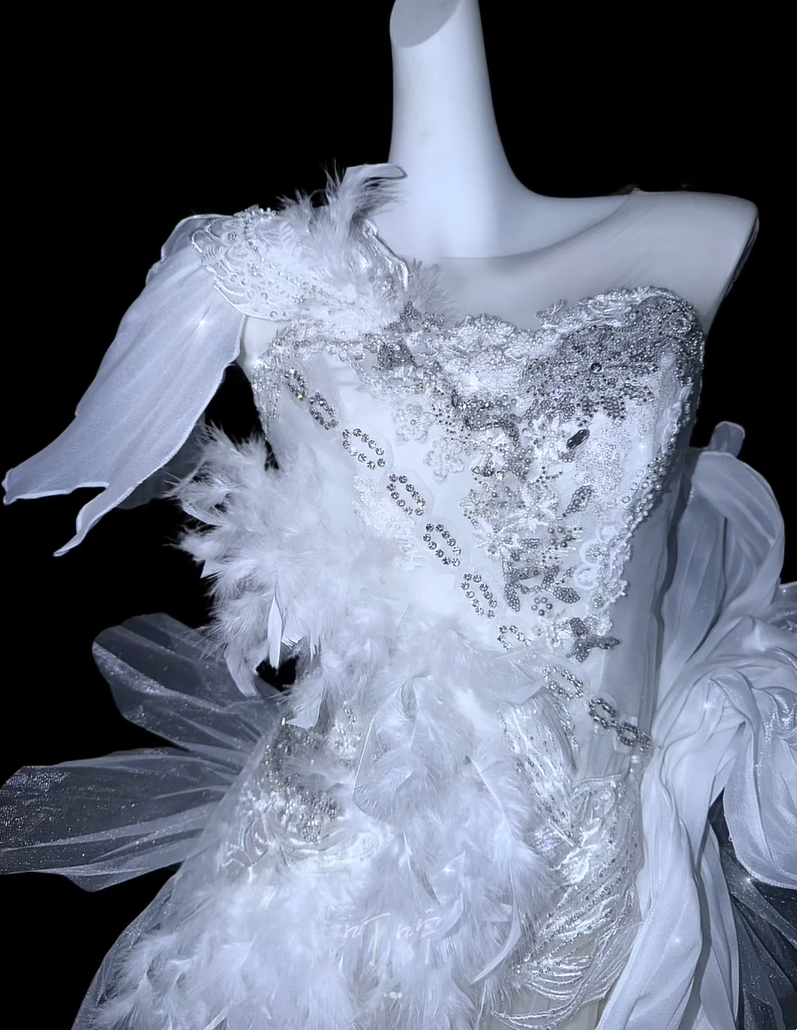 Whimsical White Feather & Beaded Mermaid Tulle Wedding Dress With Asymmetric One-Shoulder AE097