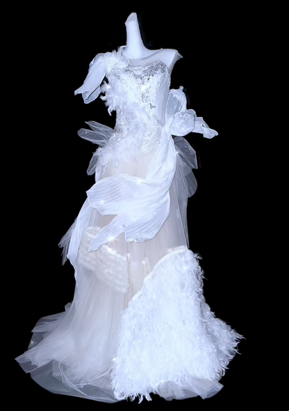 Whimsical White Feather & Beaded Mermaid Tulle Wedding Dress With Asymmetric One-Shoulder AE097