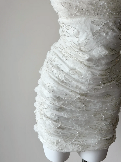 Whimsical White Spaghetti Straps Beaded Mesh Bodycon Short Wedding Dress With Cowl Neck AE098