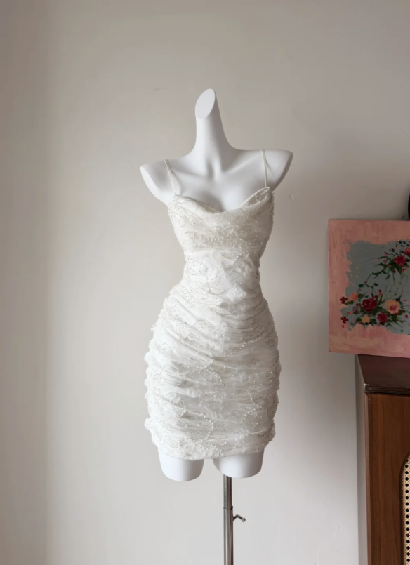 Whimsical White Spaghetti Straps Beaded Mesh Bodycon Short Wedding Dress With Cowl Neck AE098