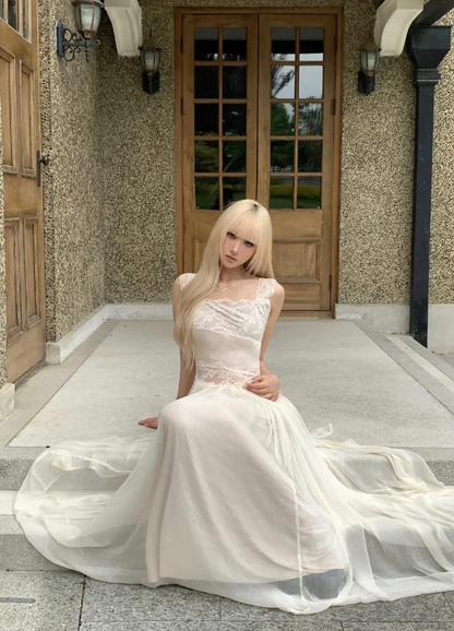 Romantic White Lace Straps Corset A-Line Long Wedding Dress With Low Open Back And Flowing Tulle Skirt AE099