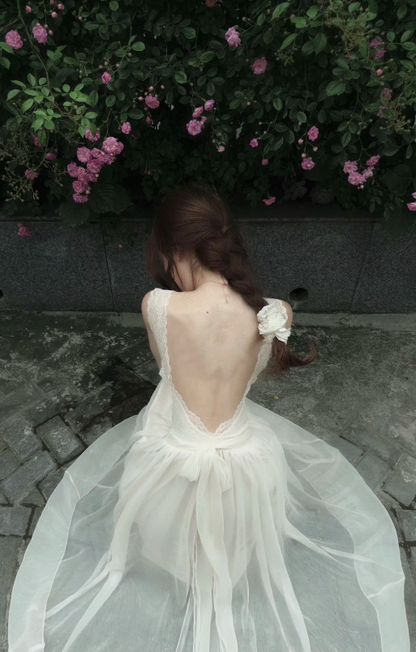 Romantic White Lace Straps Corset A-Line Long Wedding Dress With Low Open Back And Flowing Tulle Skirt AE099