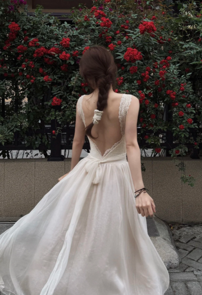 Romantic White Lace Straps Corset A-Line Long Wedding Dress With Low Open Back And Flowing Tulle Skirt AE099