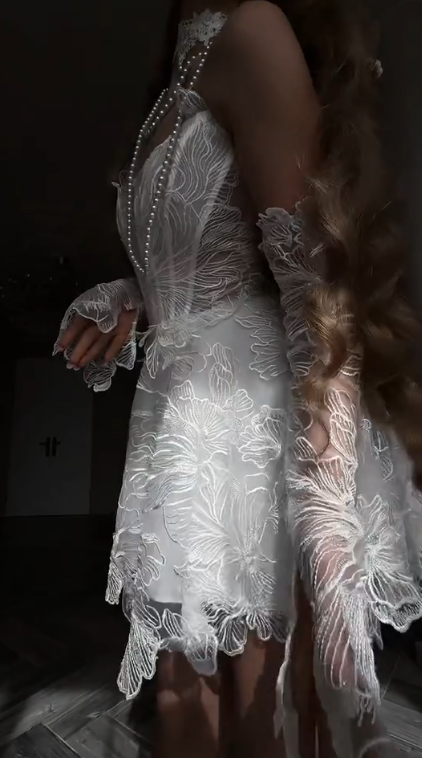 Charming Strapless White Floral Lace Corset A Line Short Wedding Dress With Tie-Back AE102