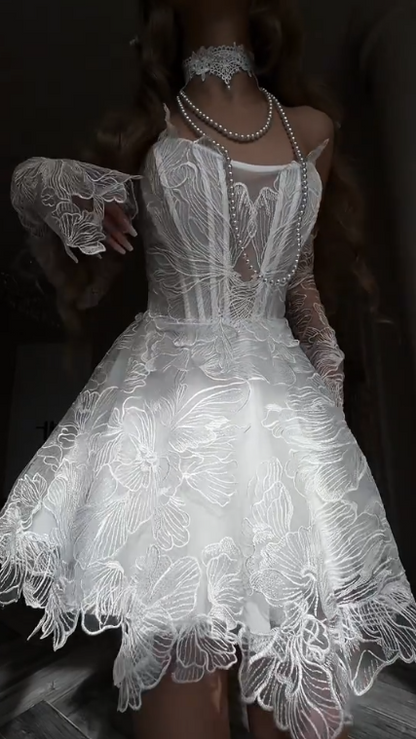 Charming Strapless White Floral Lace Corset A Line Short Wedding Dress With Tie-Back AE102