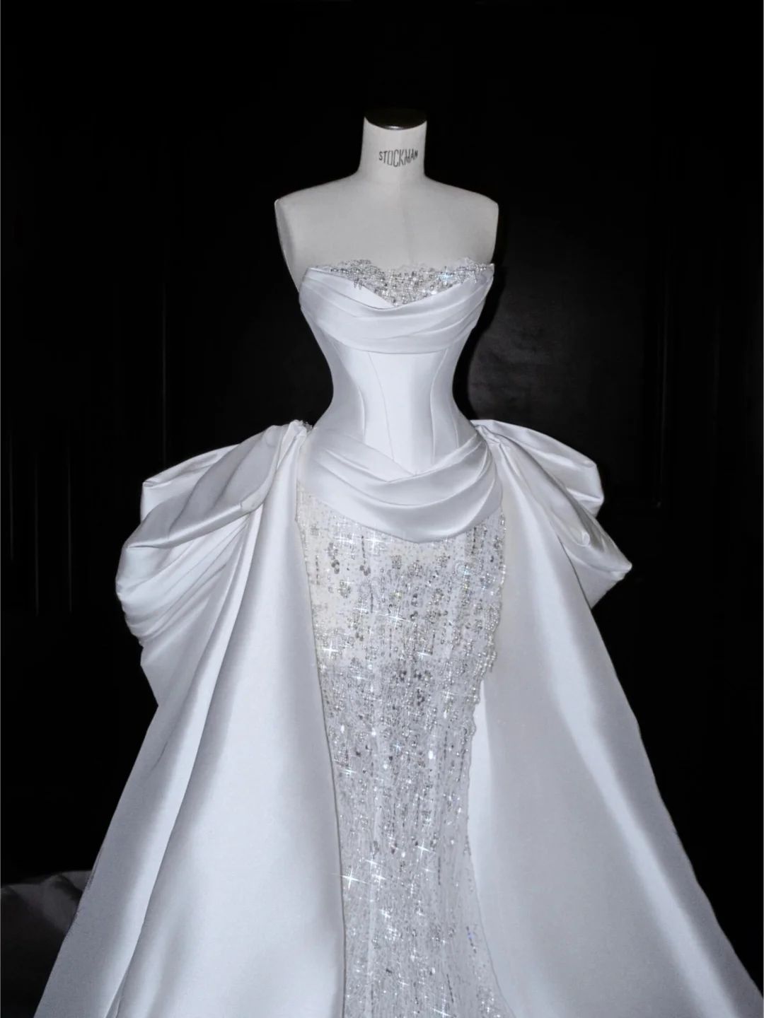 Regal Strapless Ivory Satin & Beaded Lace Mermaid Wedding Dress With Detachable Overskirt And Chapel Train AE106
