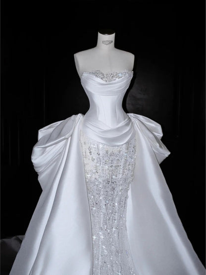 Regal Strapless Ivory Satin & Beaded Lace Mermaid Wedding Dress With Detachable Overskirt And Chapel Train AE106