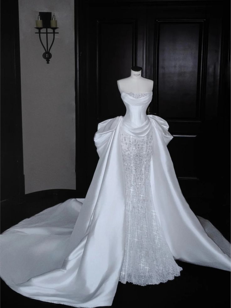 Regal Strapless Ivory Satin & Beaded Lace Mermaid Wedding Dress With Detachable Overskirt And Chapel Train AE106