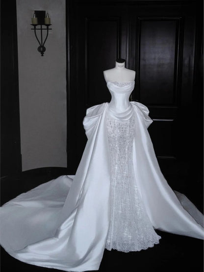 Regal Strapless Ivory Satin & Beaded Lace Mermaid Wedding Dress With Detachable Overskirt And Chapel Train AE106
