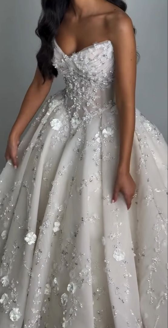 Whimsical White Strapless 3D Floral Appliqués Ball Gown Wedding Dress With Cathedral Train AE107