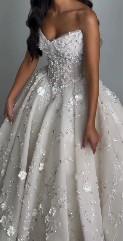 Whimsical White Strapless 3D Floral Appliqués Ball Gown Wedding Dress With Cathedral Train AE107