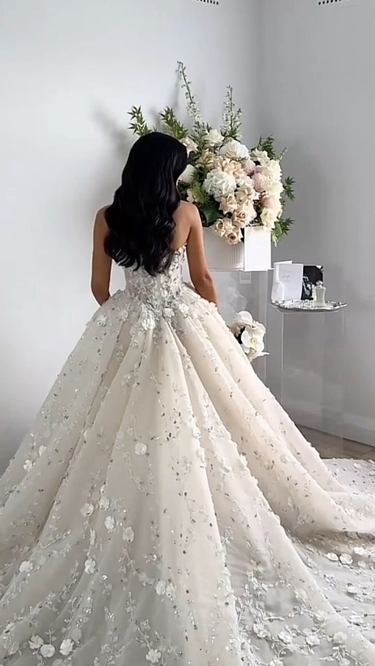 Whimsical White Strapless 3D Floral Appliqués Ball Gown Wedding Dress With Cathedral Train AE107