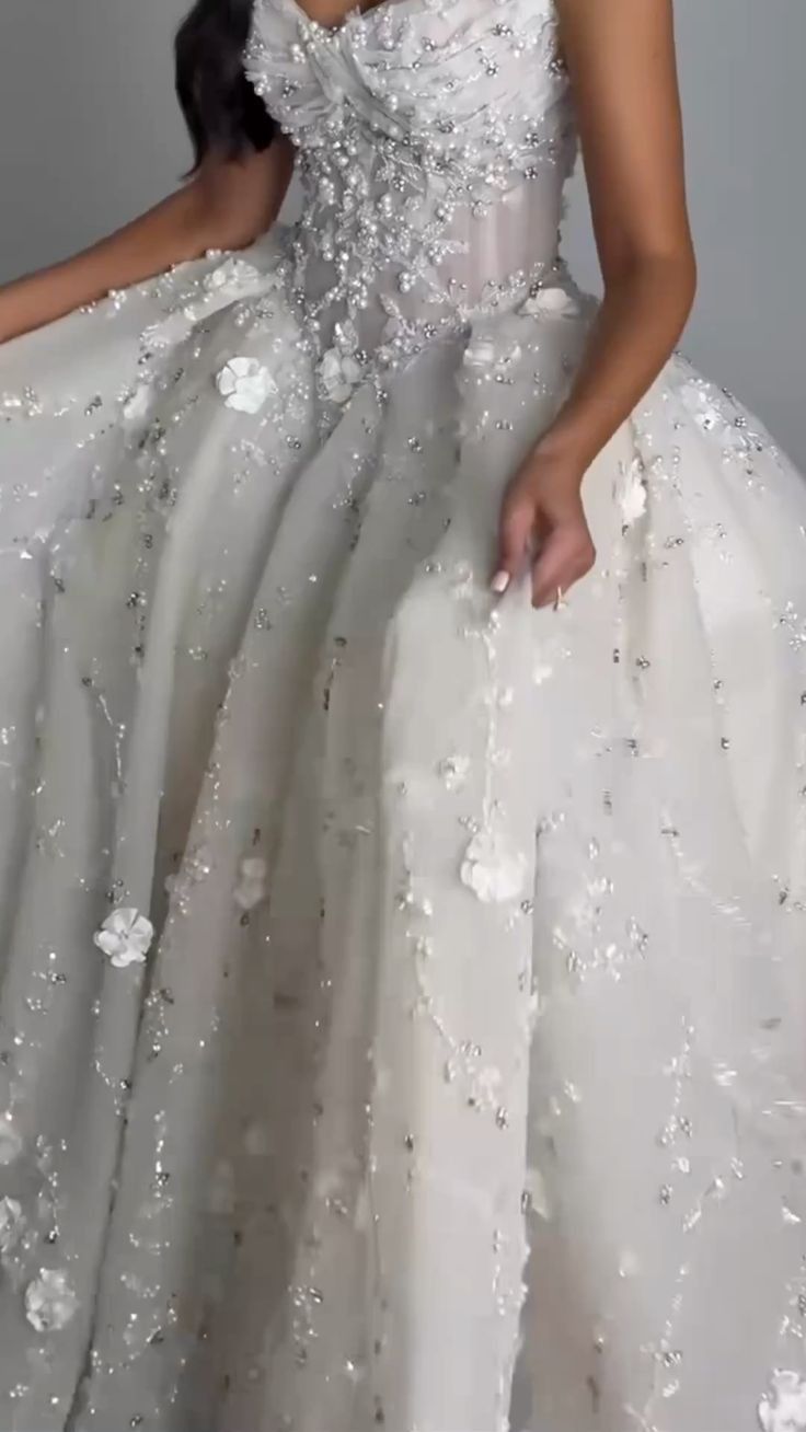 Whimsical White Strapless 3D Floral Appliqués Ball Gown Wedding Dress With Cathedral Train AE107