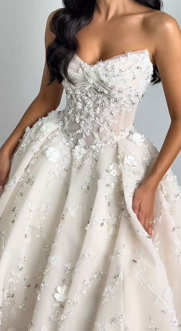Whimsical White Strapless 3D Floral Appliqués Ball Gown Wedding Dress With Cathedral Train AE107