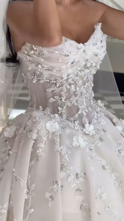 Whimsical White Strapless 3D Floral Appliqués Ball Gown Wedding Dress With Cathedral Train AE107