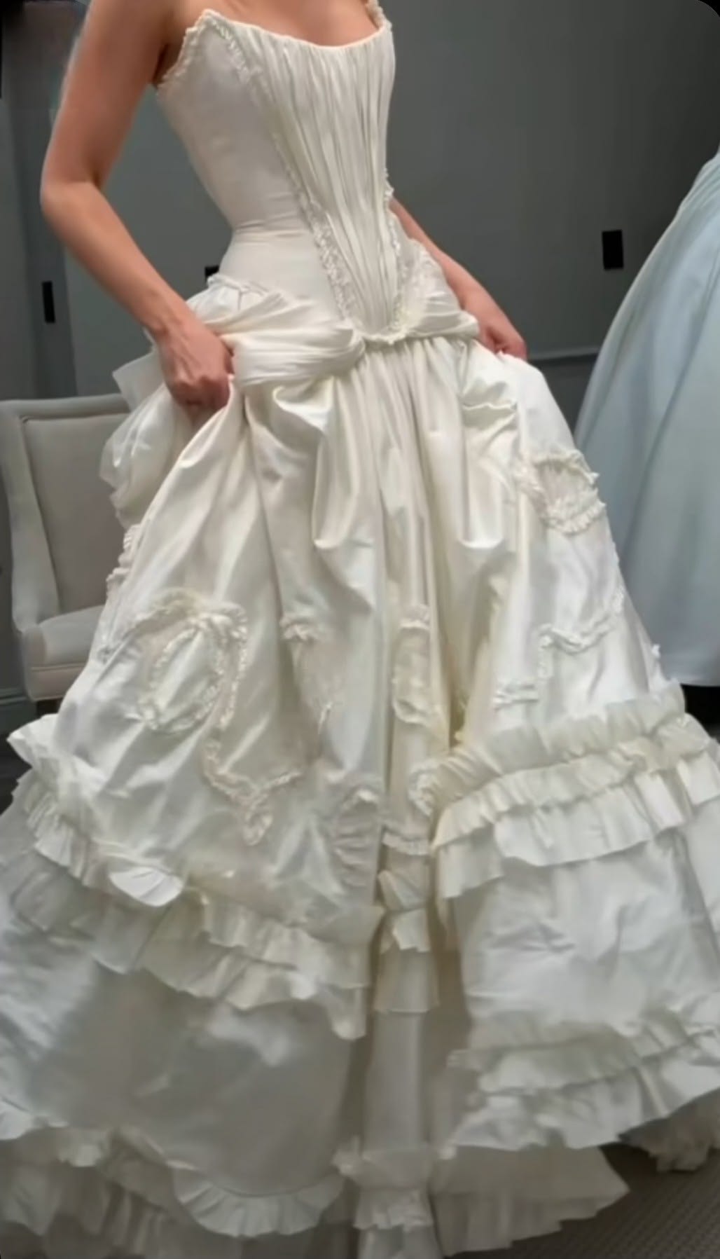 Regal Strapless Ivory Satin A Line Wedding Dress With Tiered Ruffles,Ornate Corset Detail And Chapel Train AE108