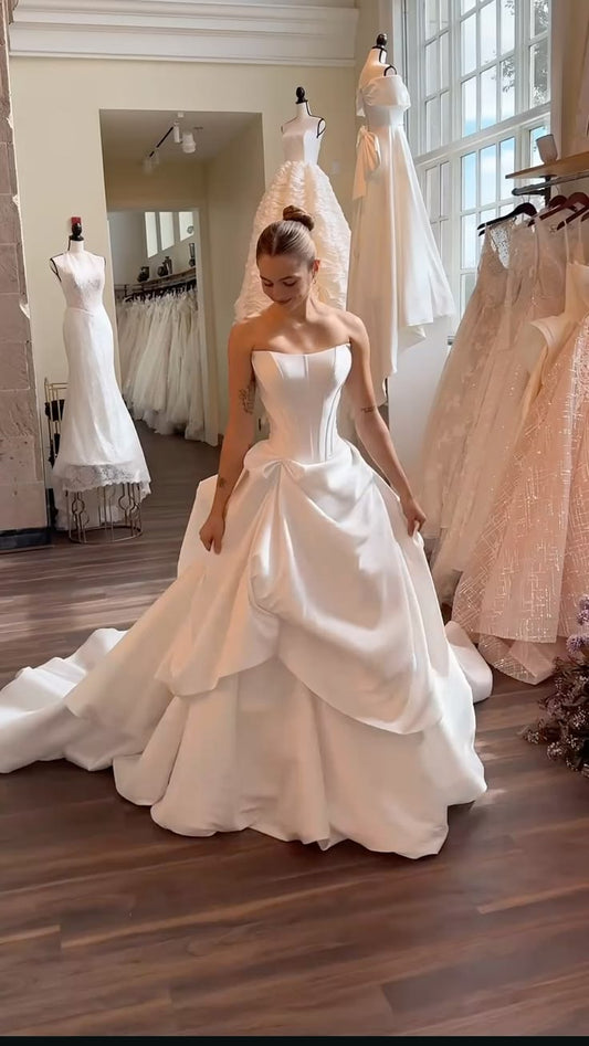 Regal White Satin Strapless Ball Gown Wedding Dress With Structured Corset Bodice,Asymmetrical Draped Skirt And Chapel Train AE110