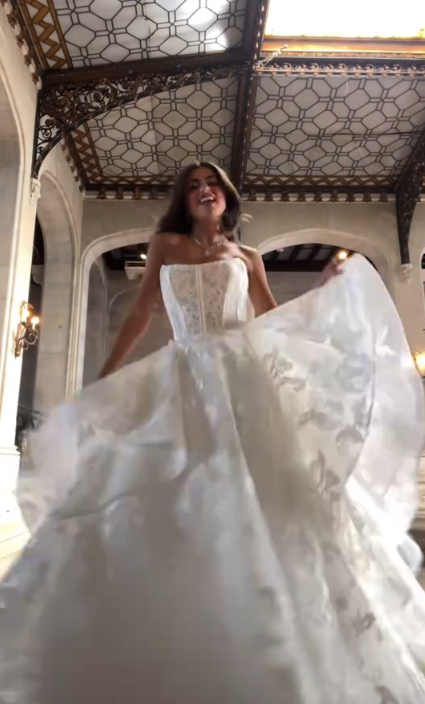 Chic White Strapless Floral Lace Ball Gown Wedding Dress With Tiered Voluminous Skirt And Chapel Train AE111