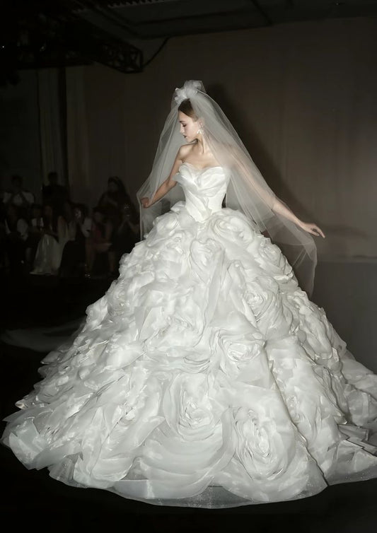 Whimsical White Strapless 3D Rose Ball Gown Wedding Dress With Chapel Train AE112