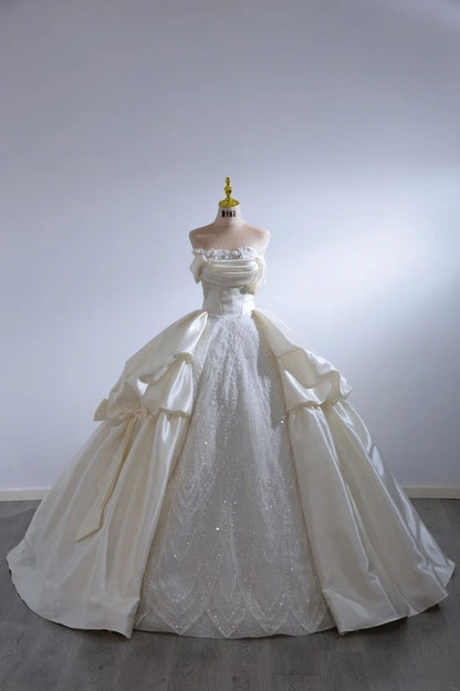 Regal Ivory Off Shoulder Satin & Beaded Lace Ball Gown Wedding Dress With Dramatic Satin Bow And Cathedral Train AE116