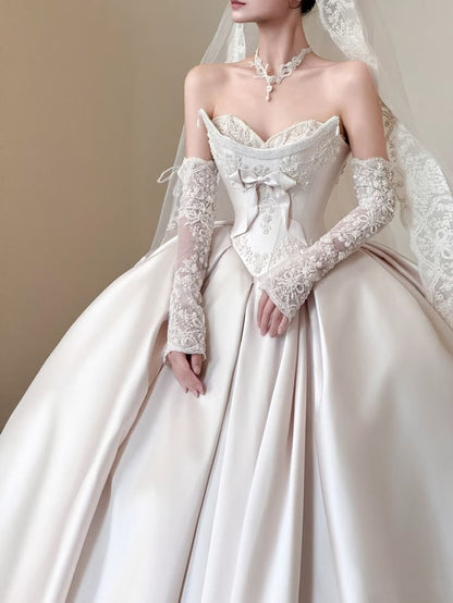 Regal Ivory Strapless Satin Ball Gown Wedding Dress With Hand-Embroidered Lace,Beaded Trim And Bow Detail AE117