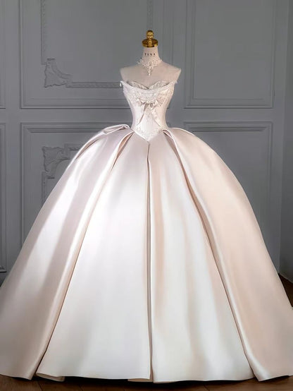 Regal Ivory Strapless Satin Ball Gown Wedding Dress With Hand-Embroidered Lace,Beaded Trim And Bow Detail AE117