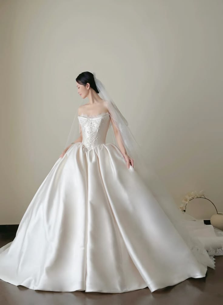 Delicate Ivory Off Shoulder Satin Ball Gown Wedding Dress With Lace-Trimmed Corset Bodice,Pearl Beading And Cathedral Train AE118