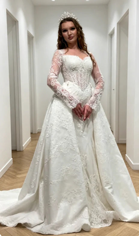 Opulent Ivory Long Sleeve Lace Mermaid Wedding Dress With Detachable Satin Lace Overskirt Chapel Train AE120