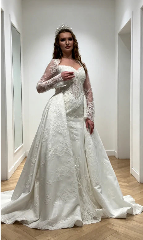 Opulent Ivory Long Sleeve Lace Mermaid Wedding Dress With Detachable Satin Lace Overskirt Chapel Train AE120