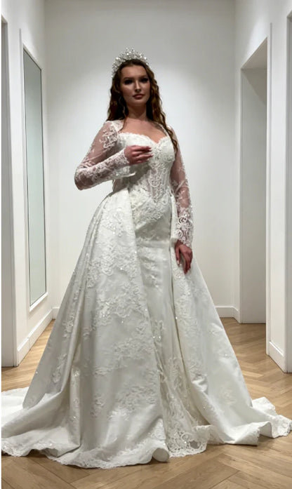 Opulent Ivory Long Sleeve Lace Mermaid Wedding Dress With Detachable Satin Lace Overskirt Chapel Train AE120