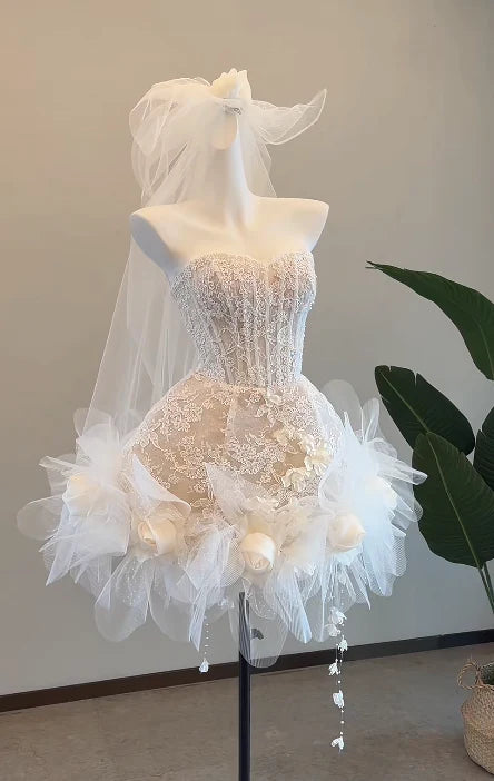 Whimsical Ivory Strapless Sweetheart Short A Line Wedding Dress With All Over Lace 3D Rose Floral Tulle Hem AE123