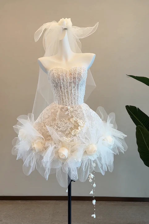 Whimsical Ivory Strapless Sweetheart Short A Line Wedding Dress With All Over Lace 3D Rose Floral Tulle Hem AE123